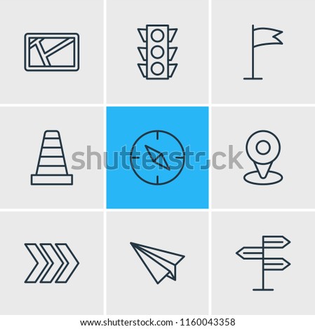 Vector illustration of 9 location icons line style. Editable set of paper plane, flag, direction and other icon elements.