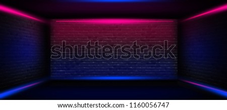 Background of an empty corridor with brick walls and neon light. Brick walls, neon rays and glow Royalty-Free Stock Photo #1160056747