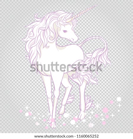 Unicorn with stars and glitter isolated on gray background.  Vector illustration. 