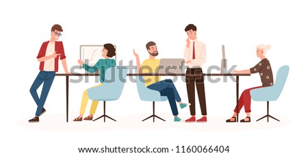 Men and women sitting at desk and standing in modern office, working at computers and talking with colleagues. Effective and productive teamwork. Colorful vector illustration in flat cartoon style. Royalty-Free Stock Photo #1160066404