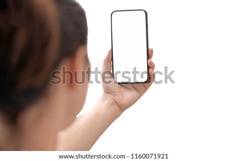 women hands holding Smartphone white background
