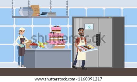 Bakery kitchen interior with smiling workers and different equipment. People baking tasty cupcakes and making a giant cake with pink cream. Flat vector illustration