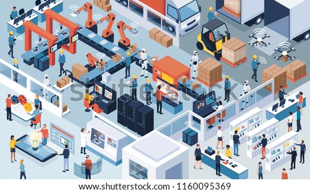 Innovative contemporary smart industry: product design, automated production line, delivery and distribution with people, robots and machinery, industry 4.0 concept Royalty-Free Stock Photo #1160095369
