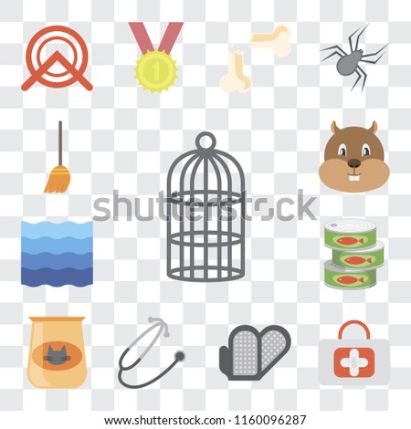 Set Of 13 transparent editable icons such as Cage, First aid, Grooming glove, Stethoscope, Cat food, Canned Water, Hamster, Broom, web ui icon pack, transparency set