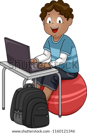 Illustration of a Kid Boy Studying and Using Laptop While Sitting on Exercise Ball