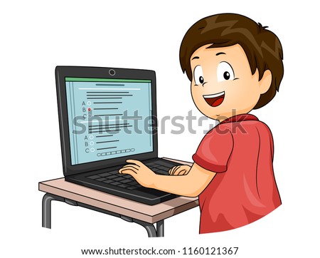 Illustration of a Kid Boy Taking a Computer Based Test on His Laptop