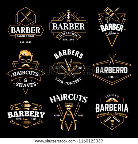 Barber Shop Retro Emblems in art deco style. Set of stylish barber logo templates. Gold color vector art isolated on black. Royalty-Free Stock Photo #1160125339