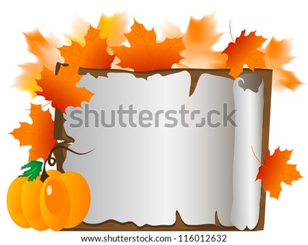 Wooden signboard with leaves and pumpkin