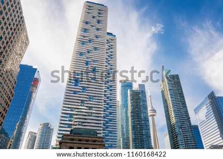 Modern High Rise Buildings in Downtown Toronto against Blue Sky on a Sunny Autumn Day. Ontario, Canada