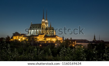 The beautiful panoramic view of Brno Petrov - The Cathedral of Saints Peter and Paul, Czech Republic, Europe. Illuminated at Night. Blue hour panorama. HD background. Perfect Wallpaper 4k.