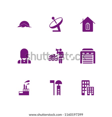 tower icon. 9 tower set with life guard, industrial building with contaminants, architecture and city and england vector icons for web and mobile app