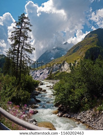High Alpine mountains, paths, forests and river valleys of La fouly in the canton of Valais in Switzerland.
