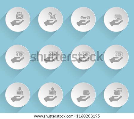 hand and money web icons on light paper circles