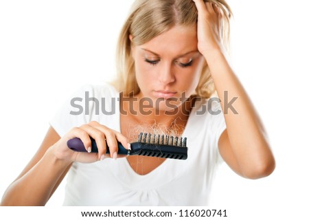 Blonde girl worried about hair loss,Hair loss Royalty-Free Stock Photo #116020741