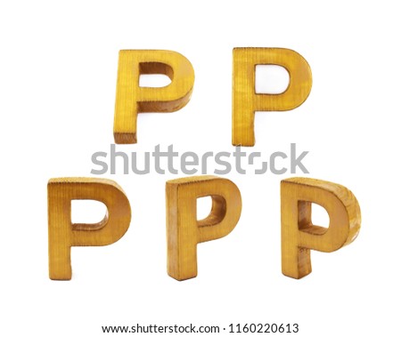 Single sawn wooden P letter symbol in different angles and foreshortenings isolated over the white background