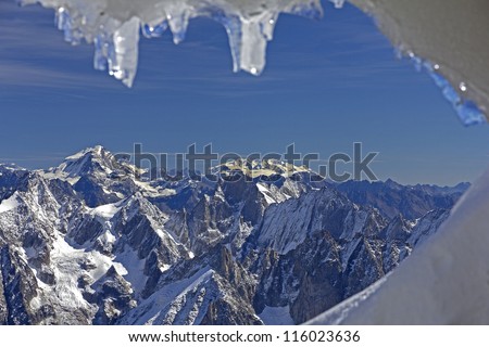Panoramic picture of Mont Blanc, french Alps,Chamonix. With 4808 meters its the highest alpine peak, seen from the Aiguille du Midi cable car station (3842 m).