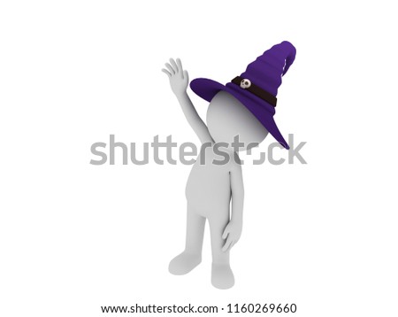 Stick man wearing witch hat saying hi in 3D rendering.