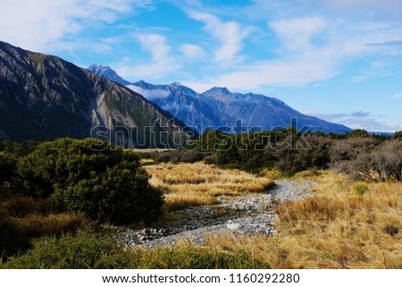 Panoramic view brown filed with Beautiful mountain at Mt.cook ,Aroki National park of South New Zealand.