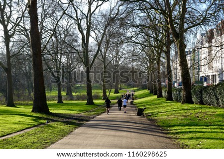 People Jogging In Hyde Park London In Autumn With Trees Casting Long Shadows Across The Grass Lawns And Paths - Image