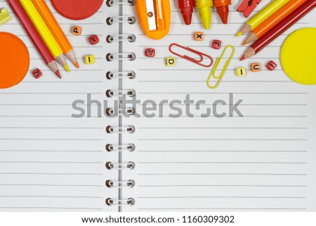 Back to school, education and  office work background concept. School supplies, stationery accessories on White Notebook. Top view with copy space.