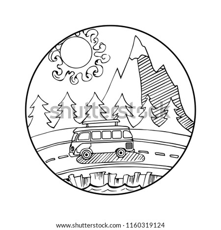 Logo for adventure and travel isolated on white background. Retro car on background of mountains and forest. An inspirational drawing. Hand drawn design vector black sketch illustration.