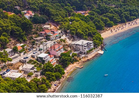 Aerial helicopter photo of sandy beach on island Mljet, near Dubrovnik, Croatia