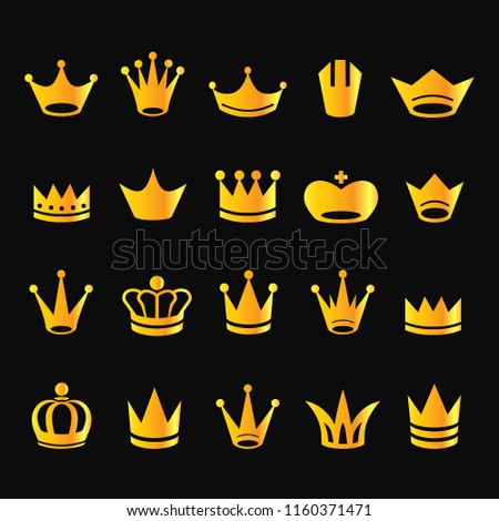 Set of golden crown icons, isolated on white background. Vector illustration.