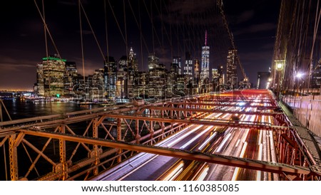 Longexposure of Brooklyn Bridge NYC USA by night with view to Manhatten