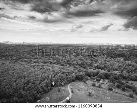 Aerial drone photo of beautiful natural park area in Kiev city.Flying camera shoot landscape from above in good summer day