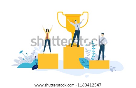 Vector illustration concept of business success, leadership, awards, career, successful projects, goal, winning plan, competition. Creative flat design for web banner, business material. Royalty-Free Stock Photo #1160412547