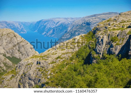 View of Lysefjord from footpath to preikestolen or pupit rock in Norway