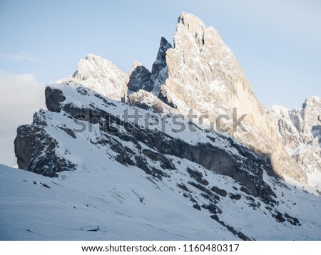 Italian Dolomites Apls, snowy mountain peak at Seceda Mount, winter scenics. Winter 2018