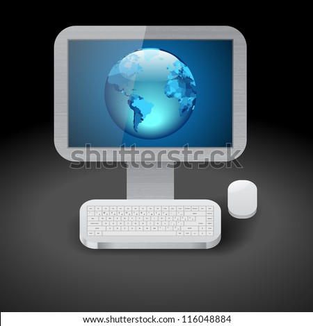 Icon for personal computer with blue Earth on display. Dark background.