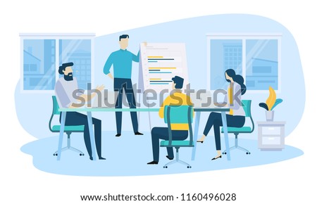 Vector illustration concept of business meeting, teamwork, training, improving professional skill. Creative flat design for web banner, marketing material, business presentation, online advertising. Royalty-Free Stock Photo #1160496028