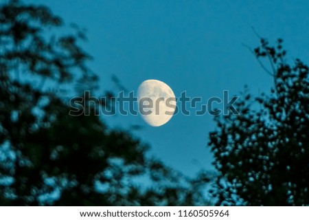 The moon visible in blue skies during the evening