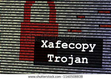 The name of the computer virus Xafecopy Trojan in front of a binary background