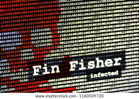 The name of the computer virus Fin Fisher in front of a binary background