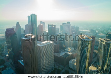 Aerial drone image of Houston Texas morning with fog 