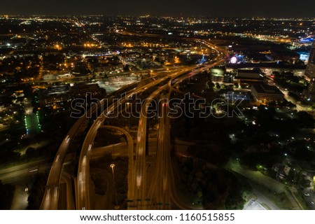 Aerial night shot of highways at Downtown Houston Texas