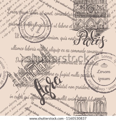 Faded text, stamps, Notre-Dame Cathedral and the Taj Mahal with lettering Paris and Agra, seamless pattern on beige background