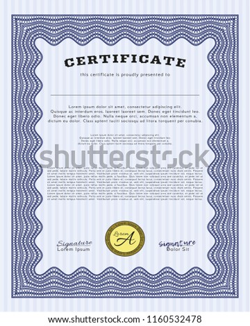 Blue Certificate template or diploma template. Complex background. Lovely design. Customizable, Easy to edit and change colors. 