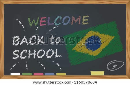 Back to school with learning and childhood concept. Banner with an inscription with the chalk welcome back to school and the Brazil national flag