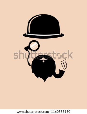 Old fashioned hat, monocle and beard with smoking pipe, stylized silhouette of gentleman, Vector EPS10 