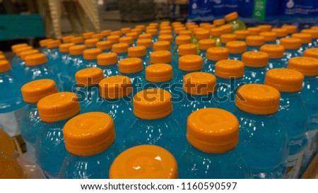 SanBruno,CA August 12 2018:Blue Gatorade bottles stacked on a pallet at a warehouse