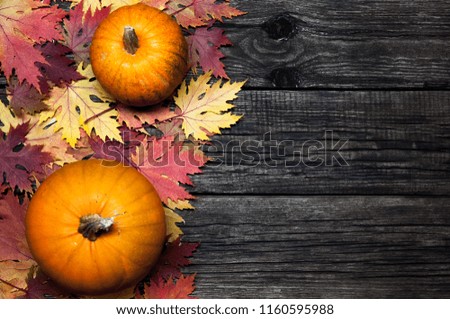 Pumpkin and Autumn leaves over old wooden background with copy space