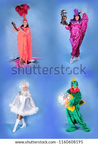 Collage advertising children's circus performance with trained animals, clowns, snow maiden, sorceress and dragon