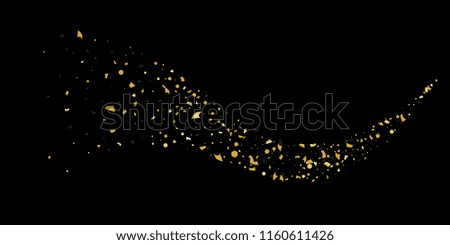Glitter of golden particles of confetti on a black background. Illustration of chaotically falling shiny particles. Decorative element. Luxury background for your design, cards, invitations, gift, vip