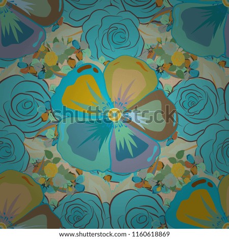 Vector illustration. Romantic seamless pattern with watercolor bouquet of abstract cosmos flowers in blue, green and beige colors. For backgrounds, textiles, wrapping papers, greeting cards.