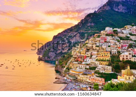 View of Positano village along Amalfi Coast in Italy at sunset. Royalty-Free Stock Photo #1160634847