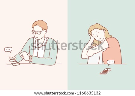A man and a woman are looking at each other and waiting for each other 's call. hand drawn style vector design illustrations.